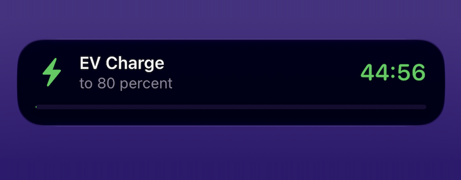 An EV Charge Live Activity counting down from 44:56 in green