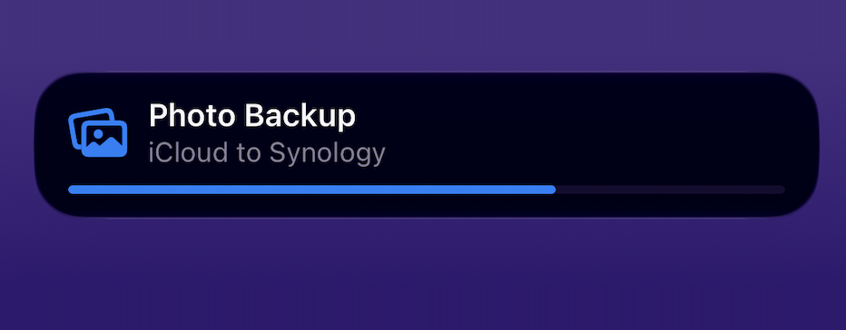 A Photo Backup Live Activity, iCloud to Synology, with a blue progress bar about two thirds along