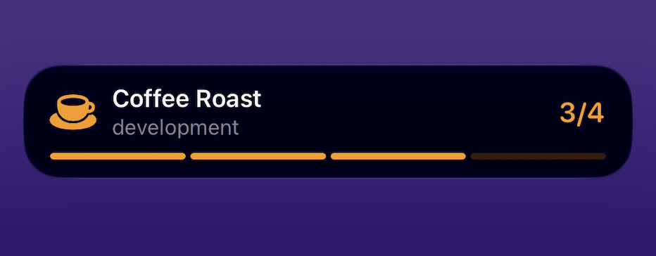 A Coffee Roast Live Activity showing 3 of 4 stages, three segments lit in amber