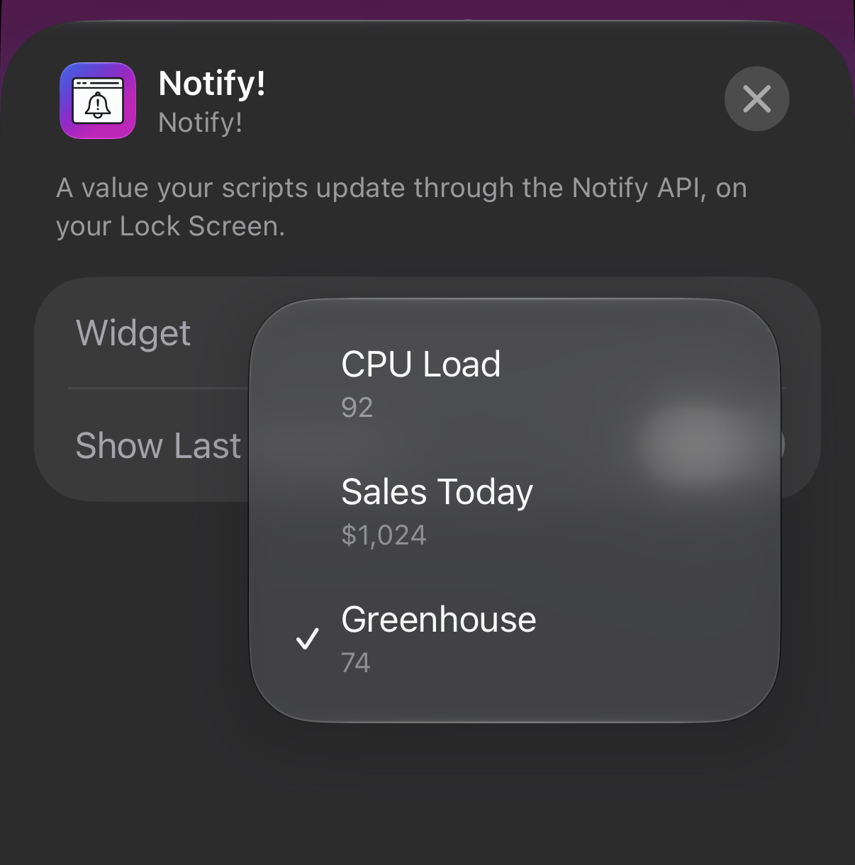 The Edit Widget sheet with the widget picker open